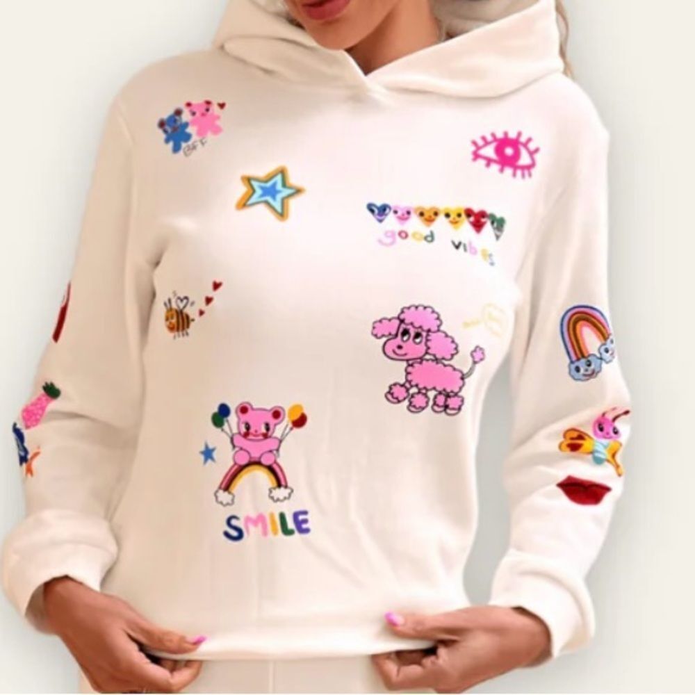Lola + the Boys Doodle Art Colorful Pullover Graphic Print Hoodie Sweater. Small